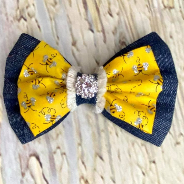 Denim and bees bow tie