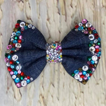 Load image into Gallery viewer, Denim and multi coloured stones Bow tie
