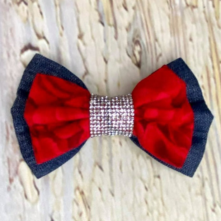 Denim with Red Roses Bow Tie