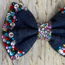 Load image into Gallery viewer, Denim and multi coloured stones Bow tie
